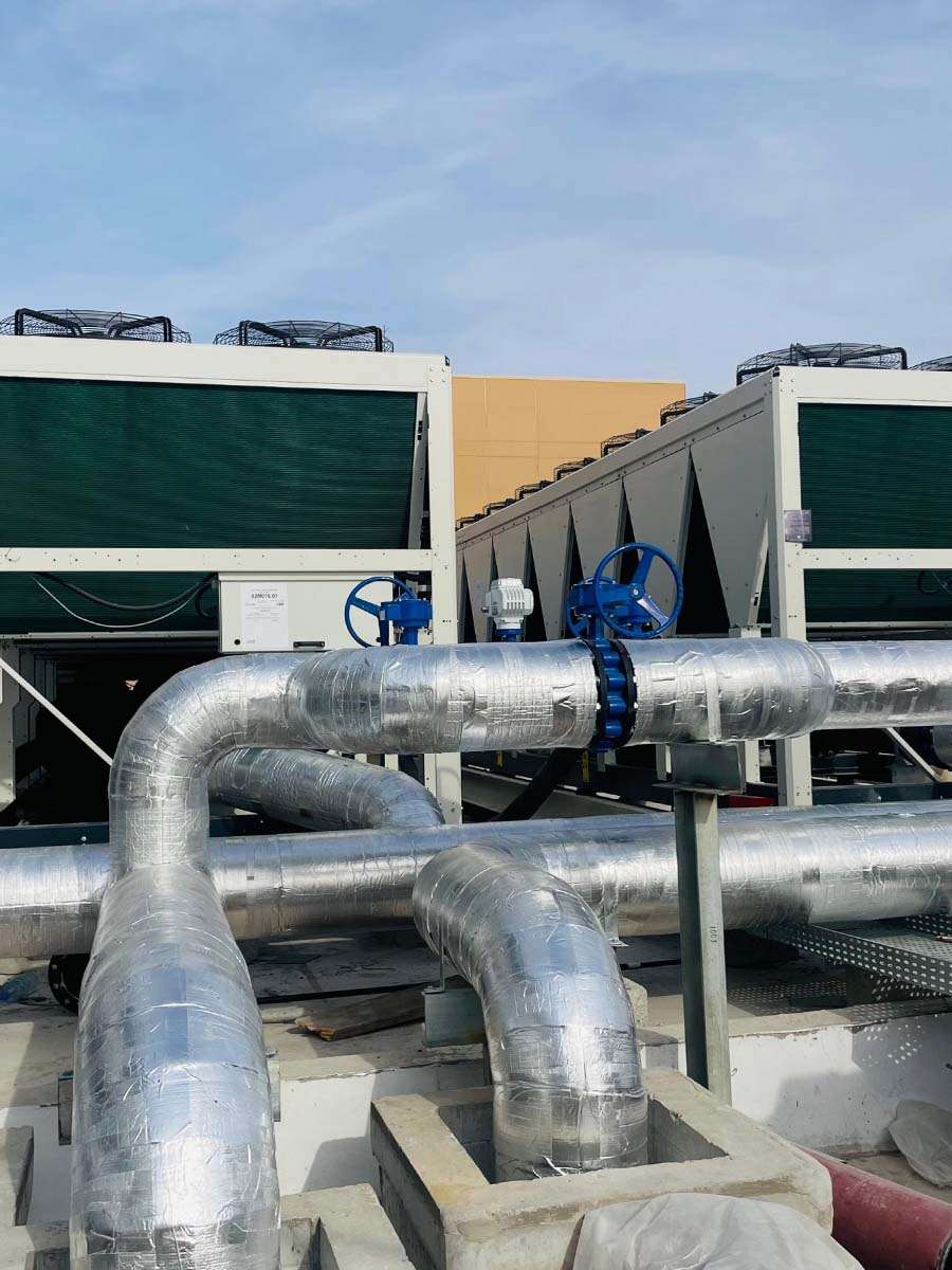 Rooftop chilled water plant equipment on a building
